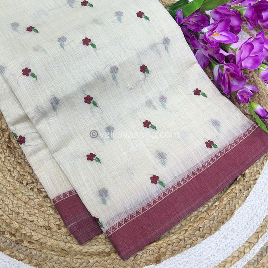 Semi Tussar Embroidery - Cream with Merun Combo - VVSTE001
