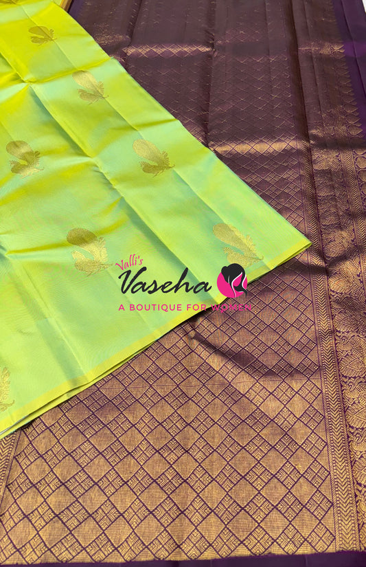 Pure Kanchipuram Silk Saree - Borderless - Light Lemon Green with Purple - VVPS043