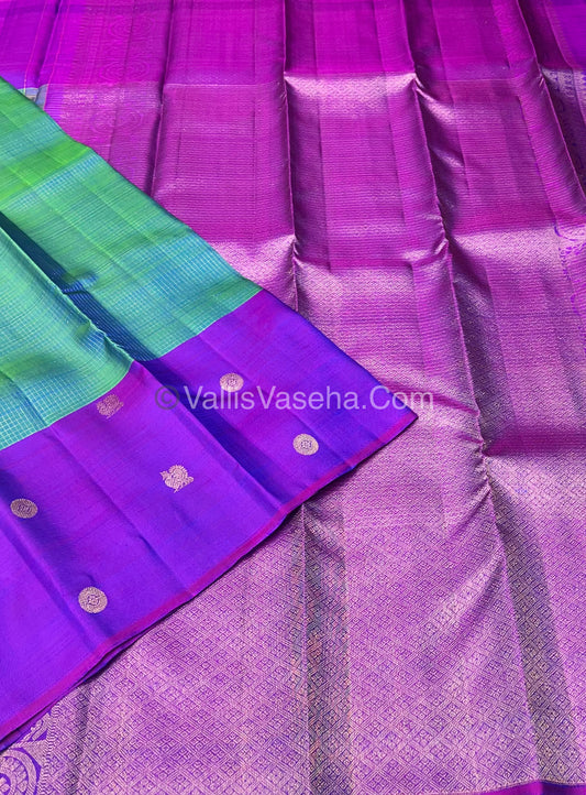 Pure Kanchipuram Silk Saree - Dual Tone Peacock Blue & Purple Shade  - VVPS024