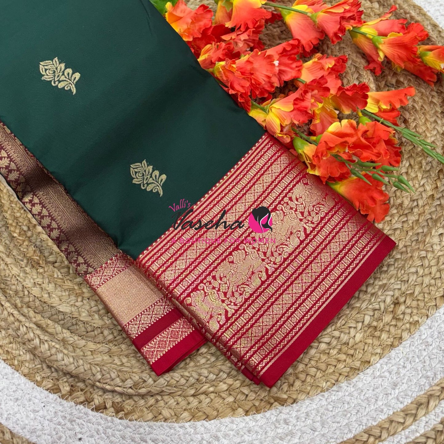 Semi Kanchi Silk  - Green & Red - VVSKS007