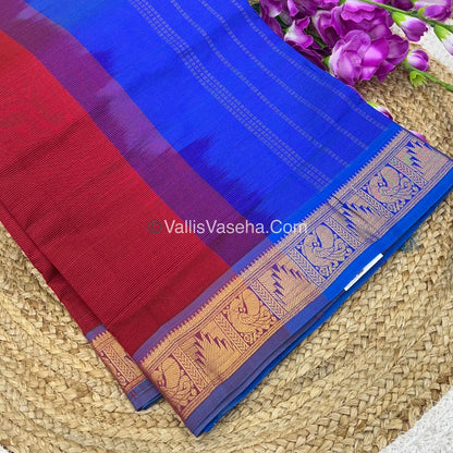 Semi Silk Cotton Saree - Red With  Blue Shade - VVSSC008