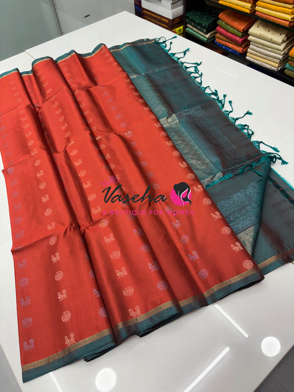 Pure Soft Silk Saree  - Rust & Green Combo  - VVPSS055