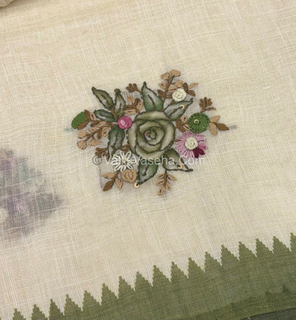 French Knot - Tissue Saree - Cream With Green Shade - VVLFN007