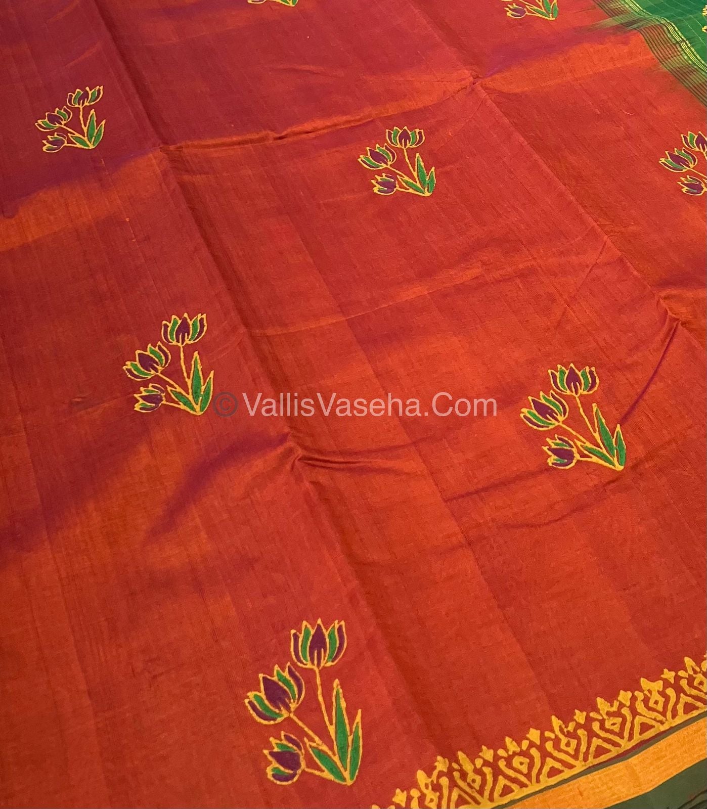 Pure Printed Silk Cotton Sarees - Orange With Green - VVPSC003