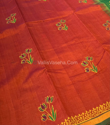 Pure Printed Silk Cotton Sarees - Orange With Green - VVPSC003