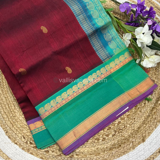 Pure Korvai Silk Cotton Saree -Merun with Teal green - Retta Petta border - VVKSC004