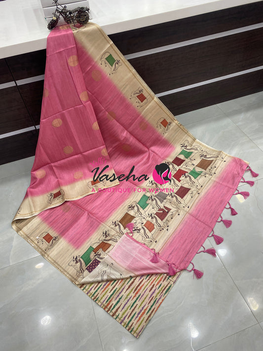 Semi Matka Tussar Saree - Pichwai Design - VVSMT003