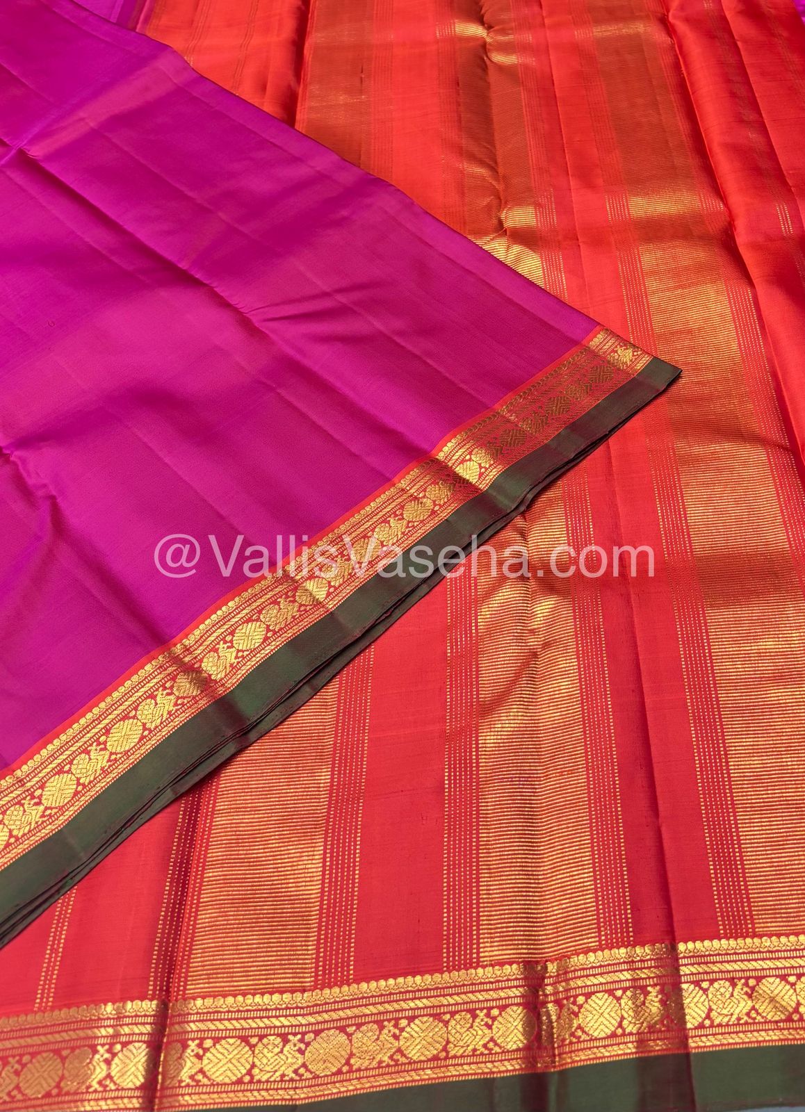 Pure Kanchipuram Silk Saree - Pink & Orange Combo - VVPS016