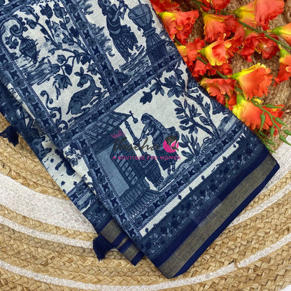 Semi Maheshwari Mixed Cotton Saree - Linen Feel - Indigo Blue - VVMSC008