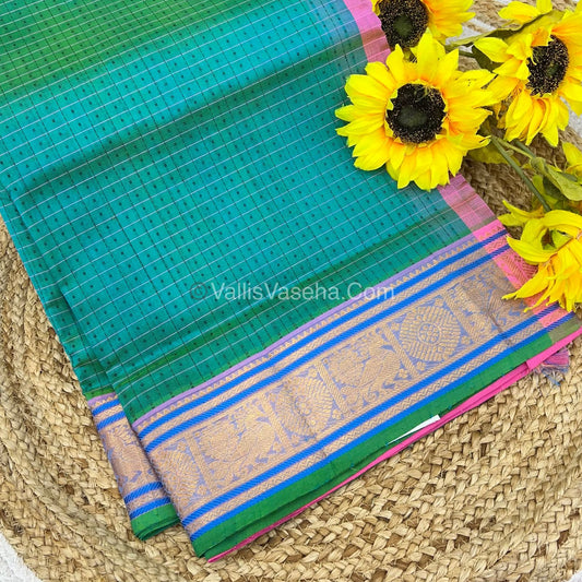 Pure Silk Cotton Saree - See Blue With Pink Shade - Lakshadeepam Design - VVPLD001