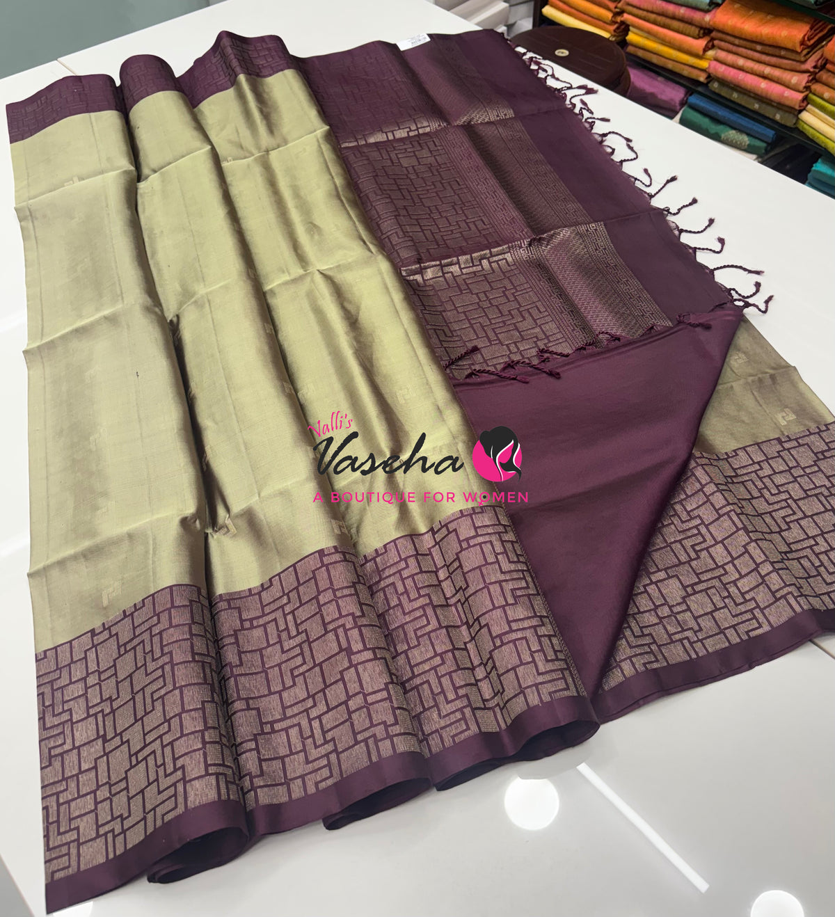 Pure Soft Silk Saree - Pastel Green & Wine Brown - VVPSS124