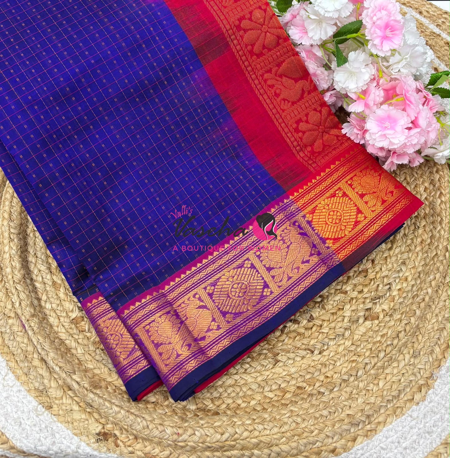 Pure Silk Cotton Saree - Blue With Red - Lakshadeepam Design - VVPLD001