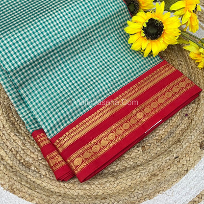 Pure Korvai Silk Cotton - Podi Kattam - Retta Petta Border - Ramar Blue & White with Red - VVKSC003