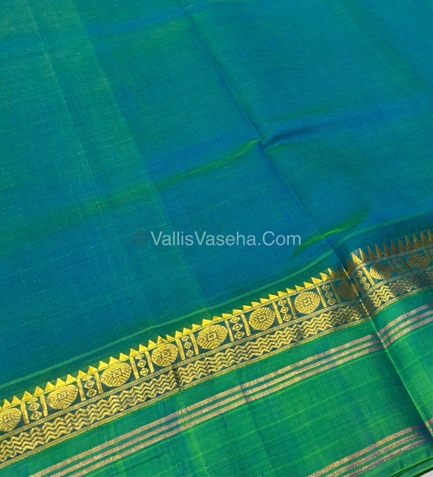 Pure Korvai Silk Cotton - Retta Petta Border - Green with Blue Combo - VVKSC010
