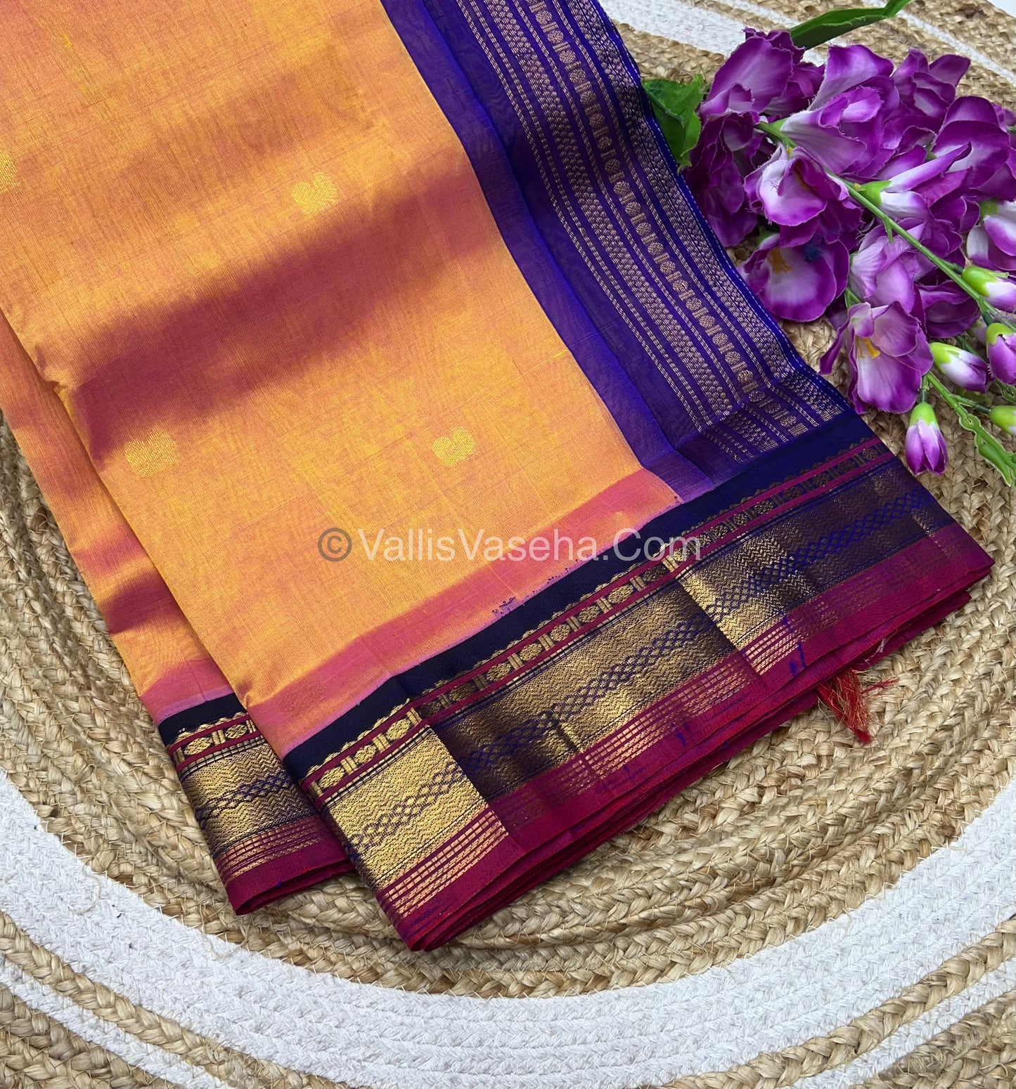 Pure Korvai Silk Cotton Saree - Peachish Gold with Blue - VVKSC004
