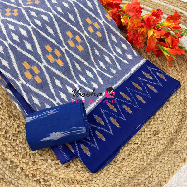 Double Ikkat Pure Cotton Saree -  Blue With Red  - VVIKS002