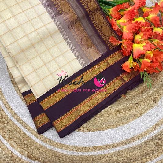 Pure Korvai Silk Cotton With Retta Petta Border - Checks pattern - Cream & Wine Brown - VVKSC013