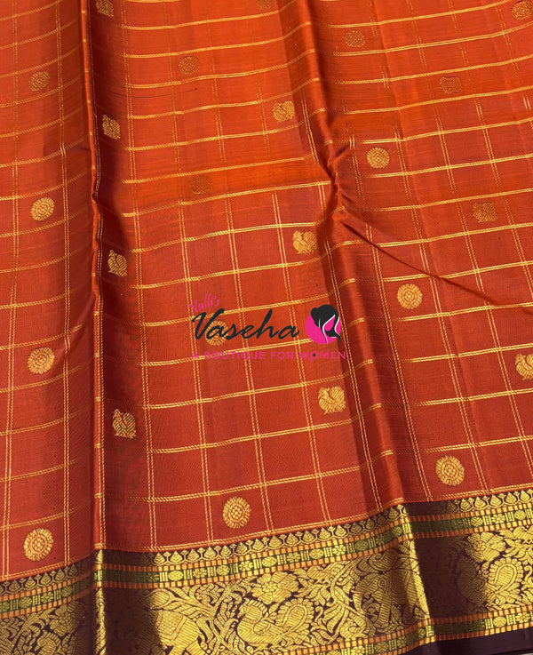 Pure Kanchipuram Silk Saree - Rust Orange With Wine Brown Combo - VVPS027