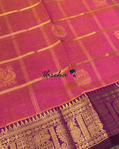 Pure Silk Cotton Saree - Mayil & Chakkaram Design - Peach With Brown  Shade -VVMC003