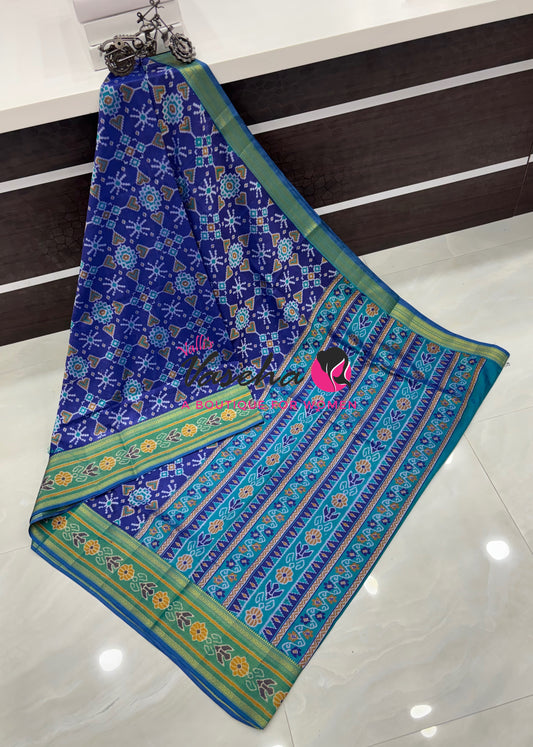 Semi Patola / Art Silk Saree - Blue With Blue Combo - VVSPS001