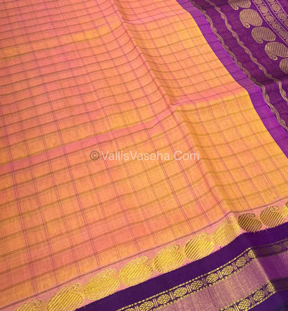 Pure Korvai Silk Cotton - Peach with Purple - Checks Pattern - VVKSC008