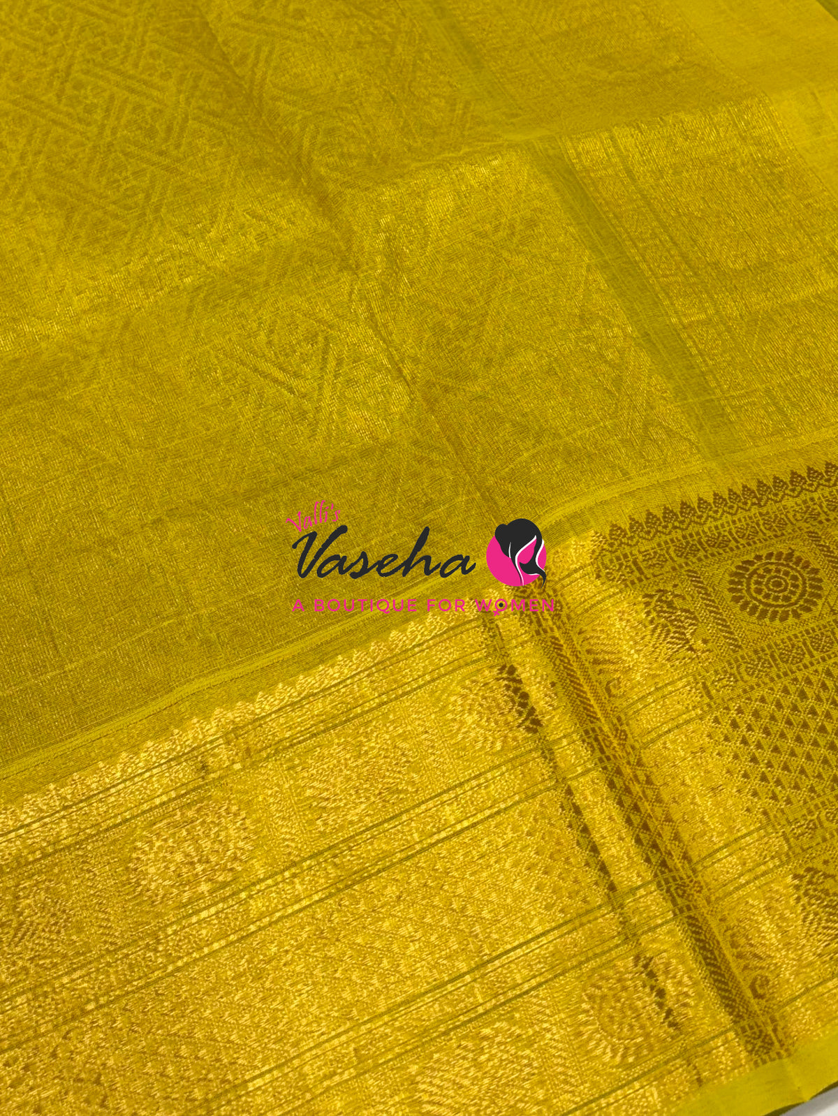Pure Korvai Silk Cotton  -  Kanchi Border - Green With Yellow Shade - VVKSC032