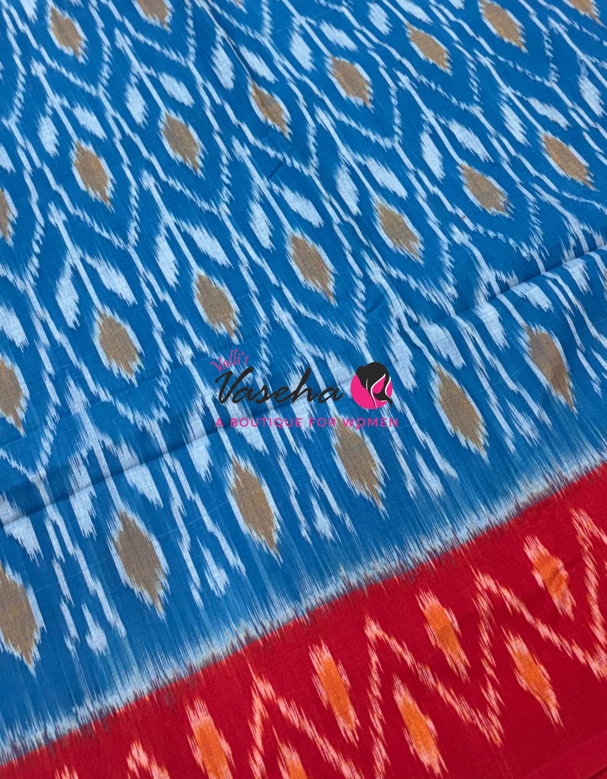 Double Ikkat Pure Cotton Saree -  Blue With Red  - VVIKS002