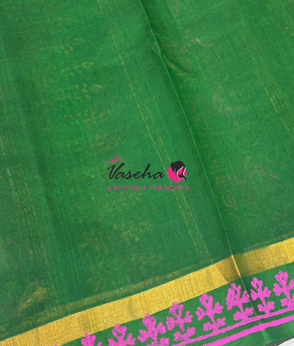 Pure Printed Silk Cotton Sarees - Pink With Green - VVPSC004