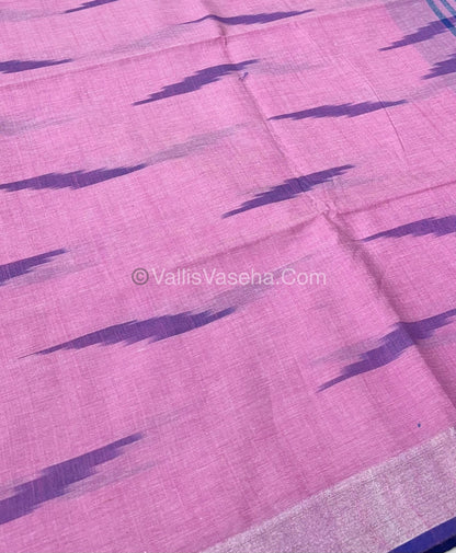 Bhagalpuri Linen Cotton Saree - Ikkat Print - Pink With Blue Shade - VVBLC002