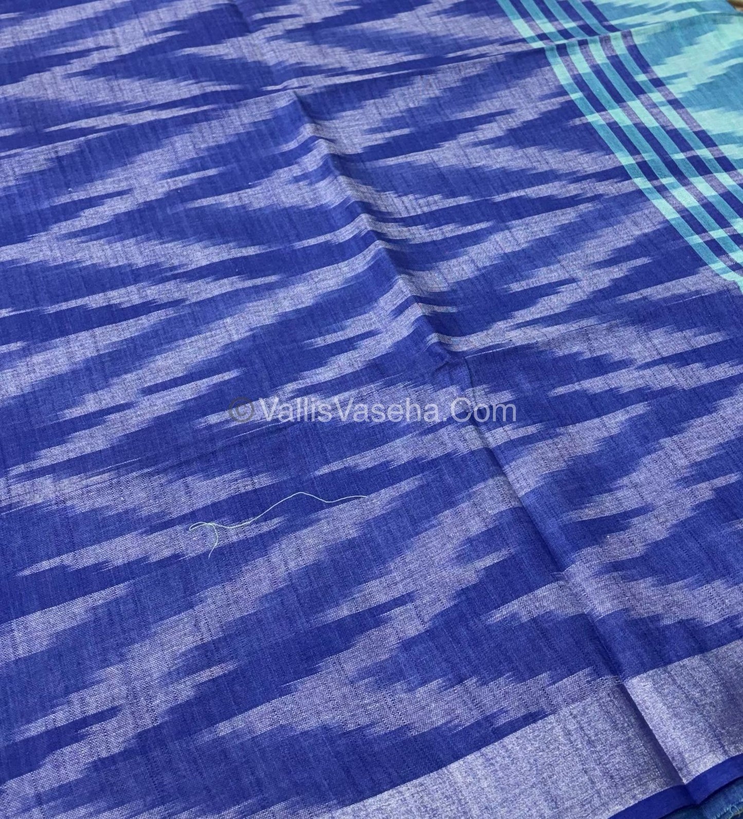 Bhagalpuri Linen Cotton Saree - Ikkat Print - Ramar Blue With Blue  Shade - VVBLC002