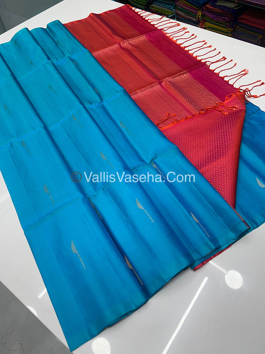 Pure Soft Silk Saree - Light weight - Border Less - Blue & Peach - VVPSS035
