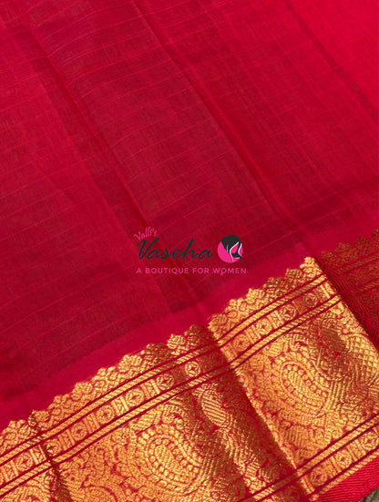 Pure Silk Cotton Saree -  Green With Red - Lakshadeepam Design - VVPLD001