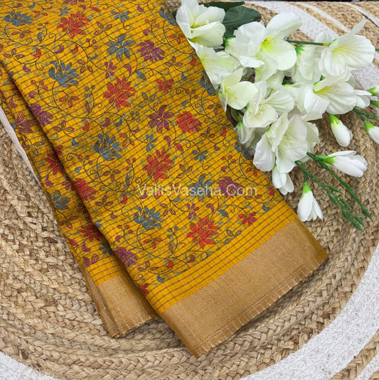 Light Weight Fancy Mixed Kota Cotton - Floral Design Printed Saree - Yellow Shade - VVKPC002