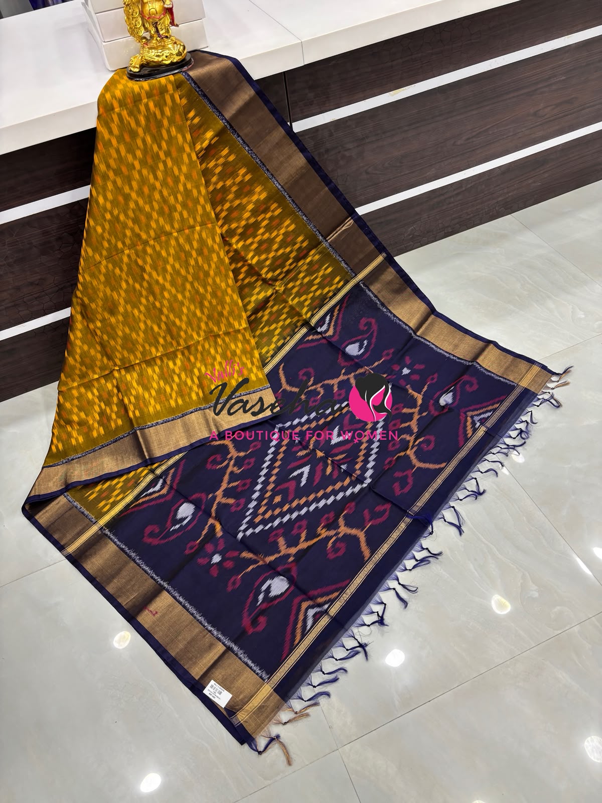 Pochampally Silk Cotton Saree - Mustard Yellow & Blue Shade - VVPPS001