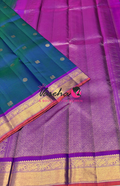 Pure Kanchipuram Silk Saree - Peacock Blue & Purple  Combo - VVPS025
