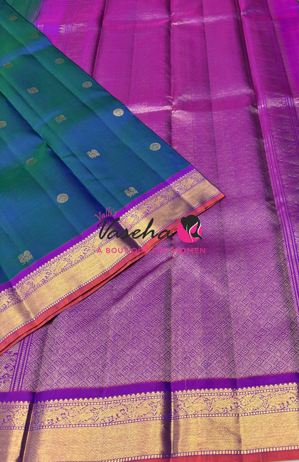 Pure Kanchipuram Silk Saree - Peacock Blue & Purple  Combo - VVPS025