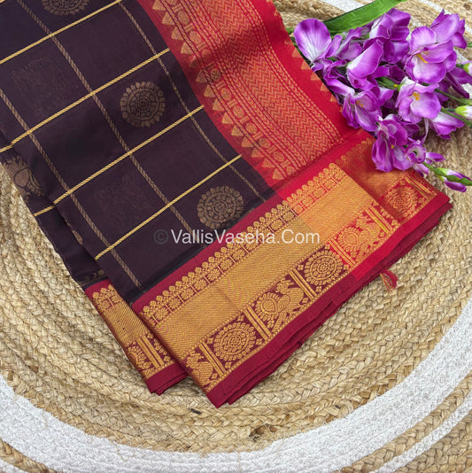 Pure Silk Cotton Saree - Mayil & Chakkaram Design - Brown With Red Shade - VVMC001