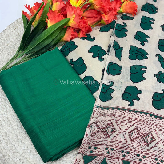 Unstitched Salwar Material -Kalamkari & Raw Silk - Green Shade  - VVUSM018