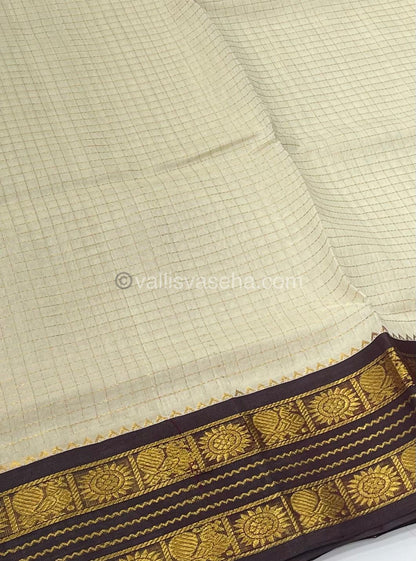 Pure Korvai Silk Cotton - Retta Petta Border - Cream( Half White )with Brown Combo - VVKSC010