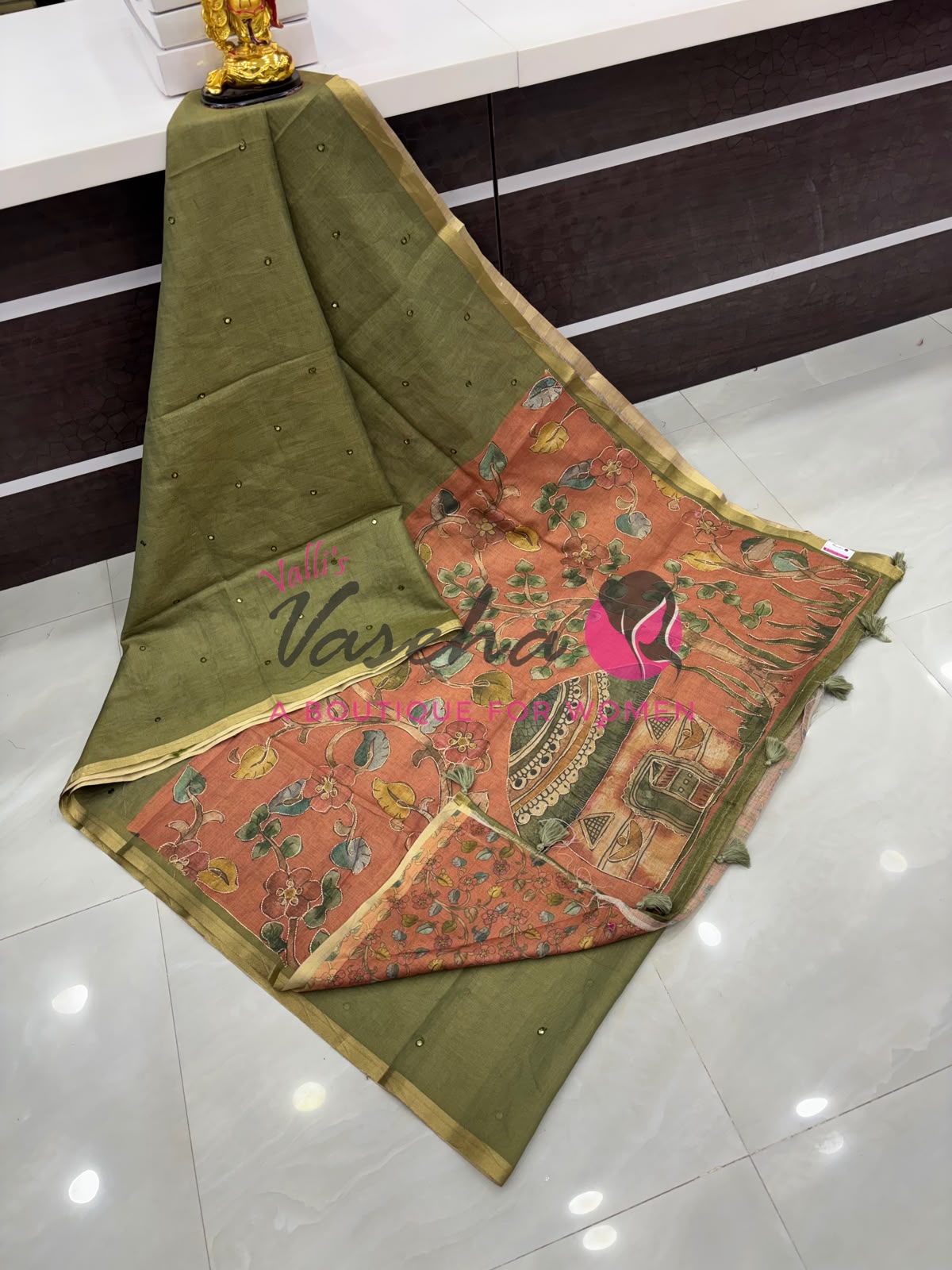 Linen Tissue Saree - Mirror Work Embroidery - Green With Light Orange Shade - VVLTS001