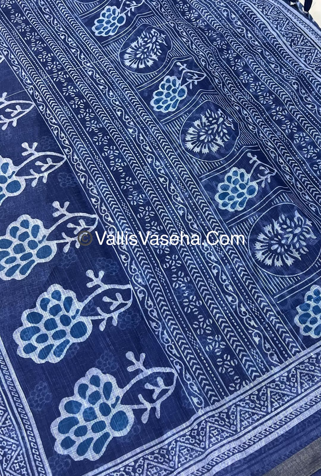 Linen Mixed Cotton Saree - Indigo Blue - Printed - VVLMP001