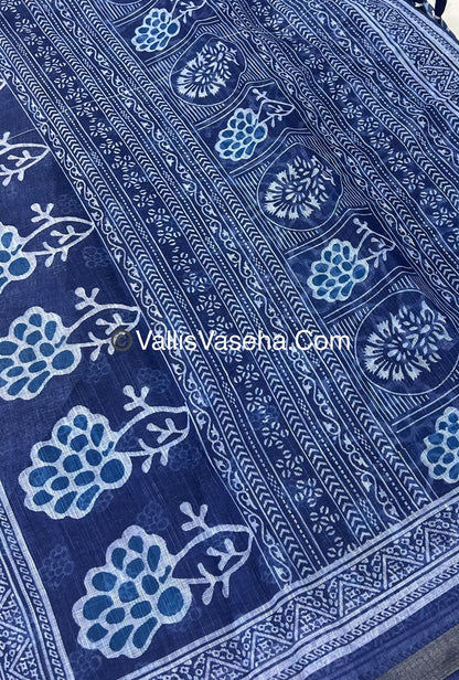 Linen Mixed Cotton Saree - Indigo Blue - Printed - VVLMP001