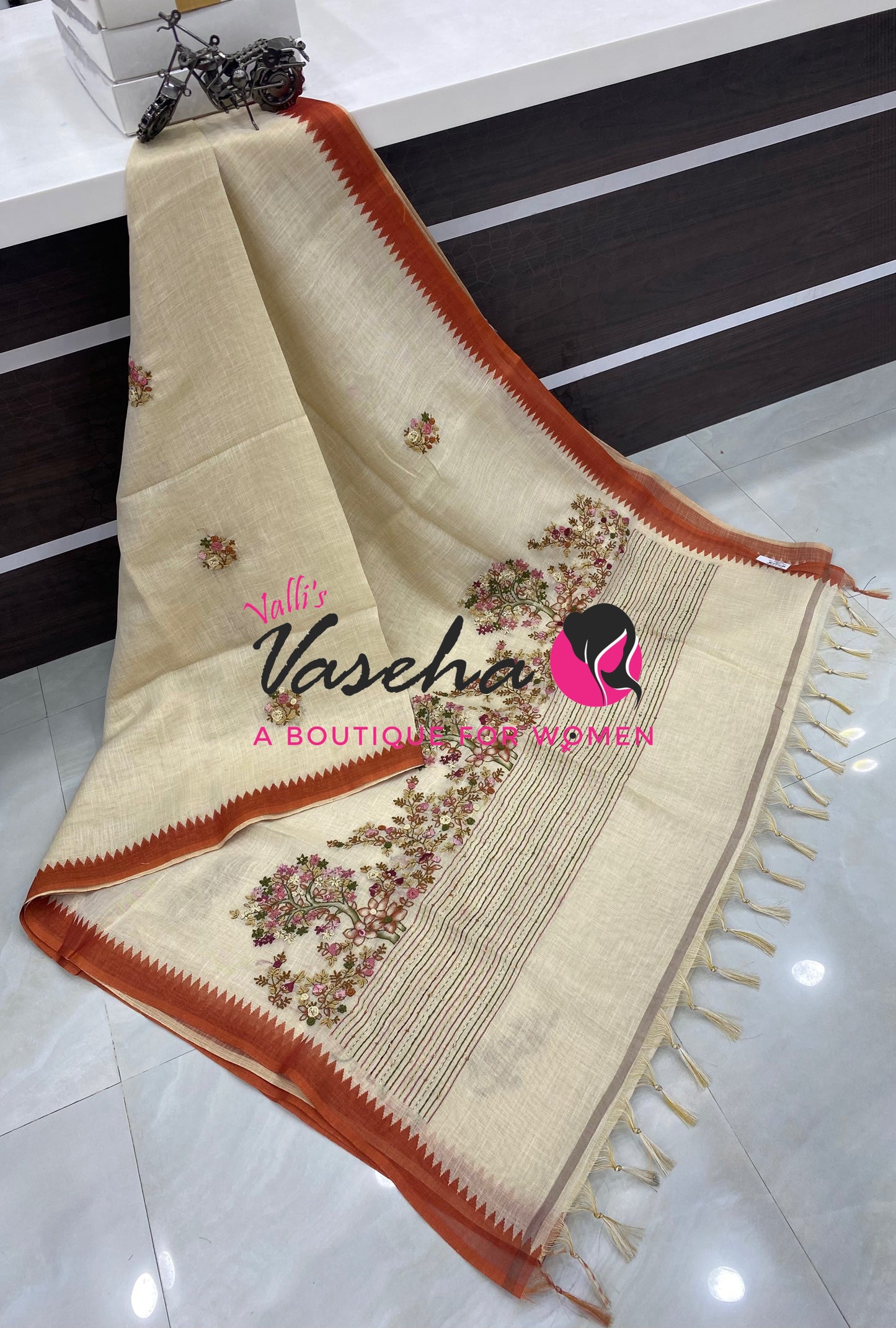 French Knot - Tissue Saree - Cream With Rust Orange Shade - VVLFN022