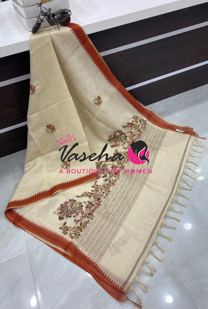 French Knot - Tissue Saree - Cream With Rust Orange Shade - VVLFN022