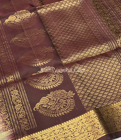 Pure Soft Silk Saree - Kanchi Border - Velum & Mayilum - Grey & Wine Brown Combo - VVPSS046