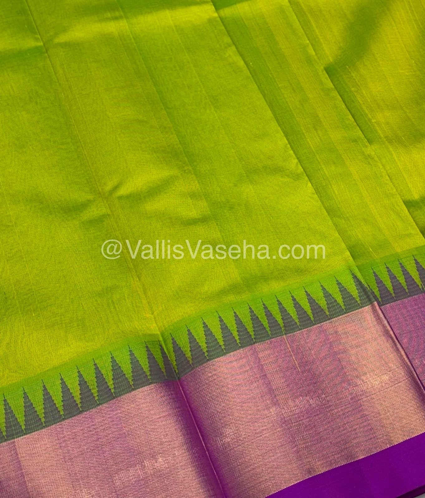 Pure Korvai Silk Cotton Saree - Sneha Green With Purplish Pink Shade Temple border - VVKSC001