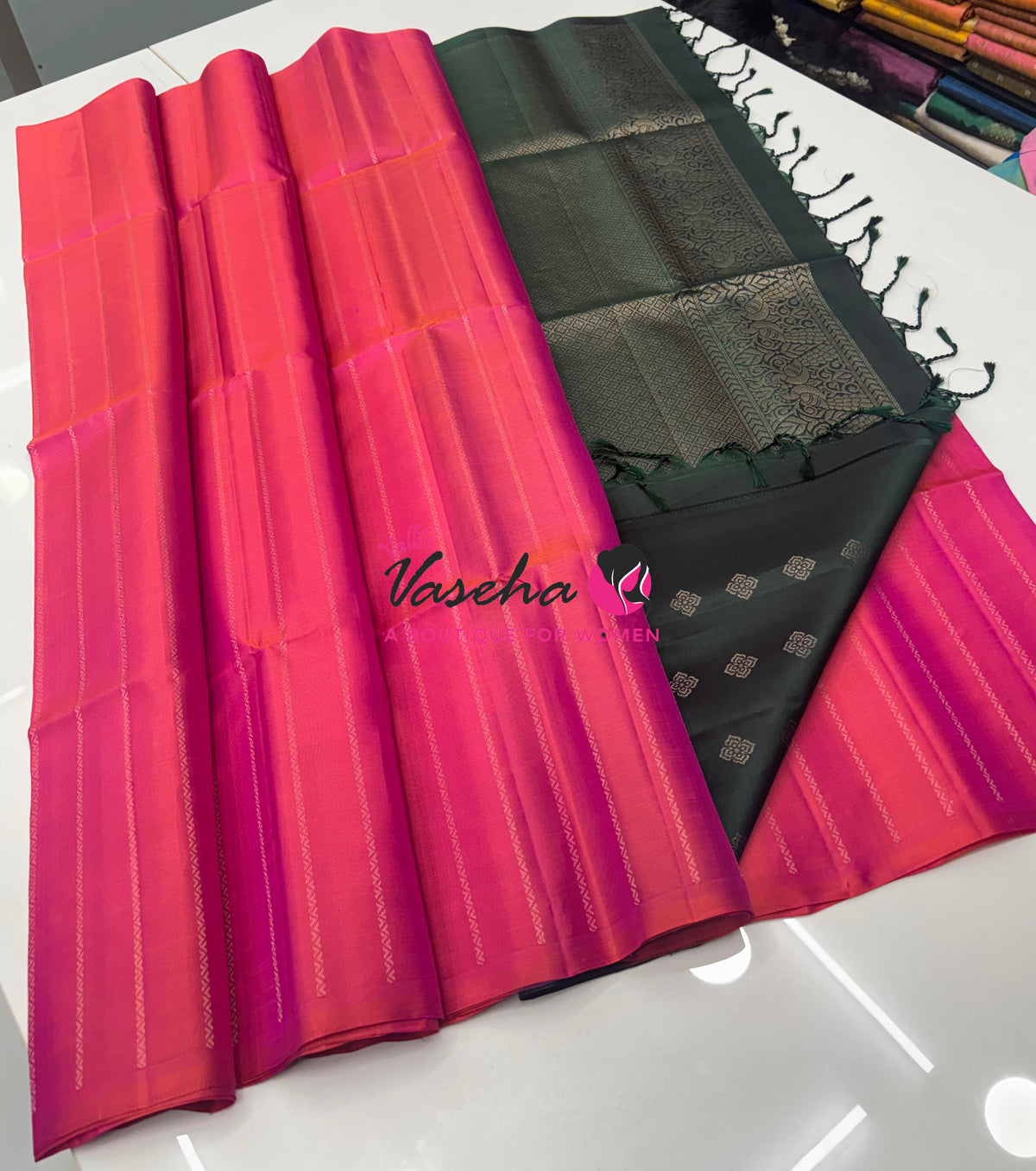 Pure Soft Silk Saree - Border Less  - Peachish Pink & Green Combo - VVPSS066