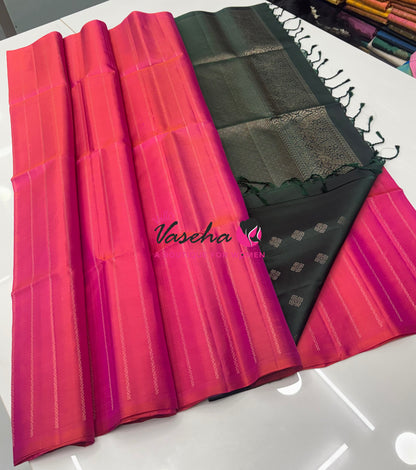 Pure Soft Silk Saree - Border Less  - Peachish Pink & Green Combo - VVPSS066