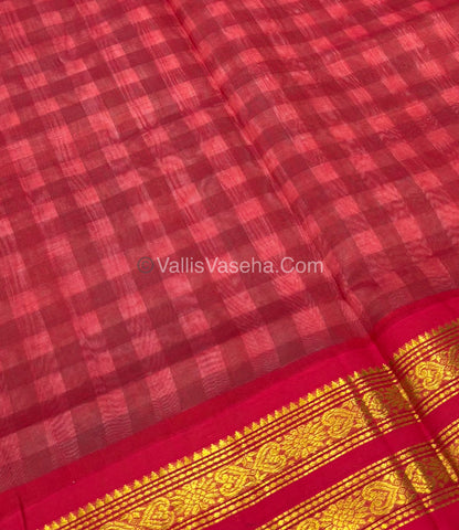 Pure Korvai Silk Cotton With Retta Petta Border - White & Blue kattam pattern with Red   - VVKSC003