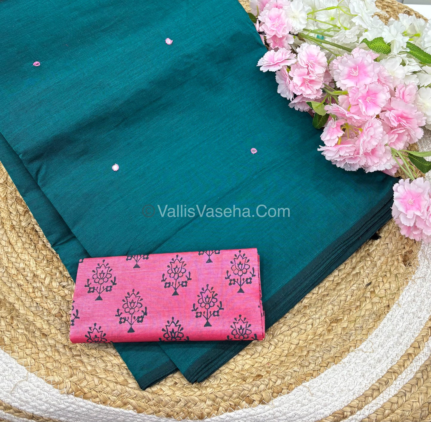 Poly Silk Mixed Cotton - Mirror Work Embroidery - Ramar Green with Pink - VVPCM001